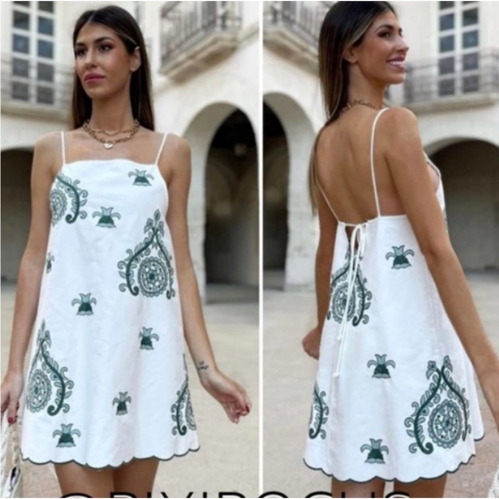Zara Blue and White Embroidered Mini Dress - xs